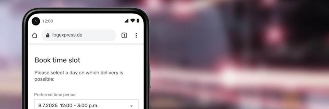 Smartphone with open booking page for a delivery time slot on 8 July 2025, blurred street background.