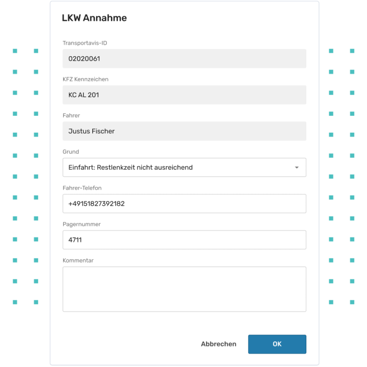 Screenshot der Software EIKONA Yard Management mit einer LKW Annahme.