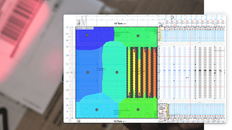 Wi-Fi planning for a logistics hall displayed on a screen.