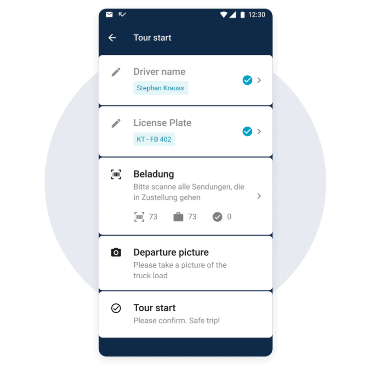 The image shows a mobile app interface detailing a delivery tour start, including driver name, vehicle registration, and tasks.