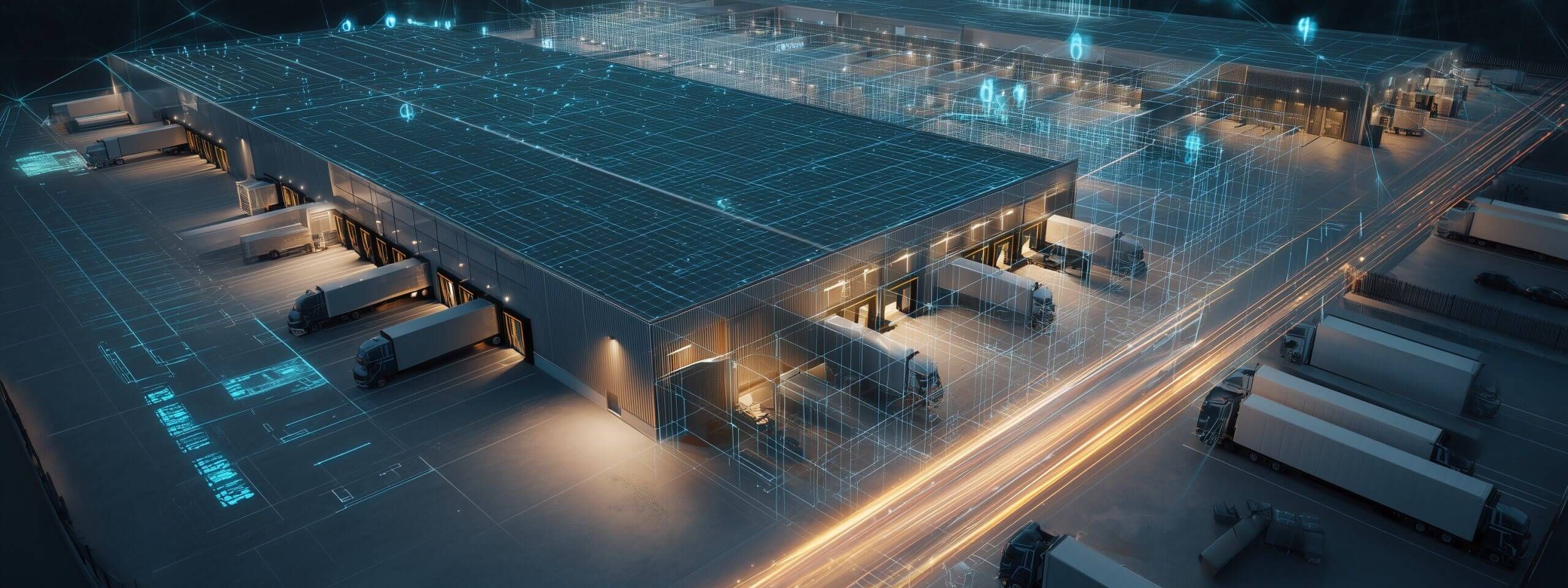 Modernes Logistikzentrums mit Lastwagen und digitalen Einblendungen, die fortschrittliche Sicherheitsmaßnahmen veranschaulichen.