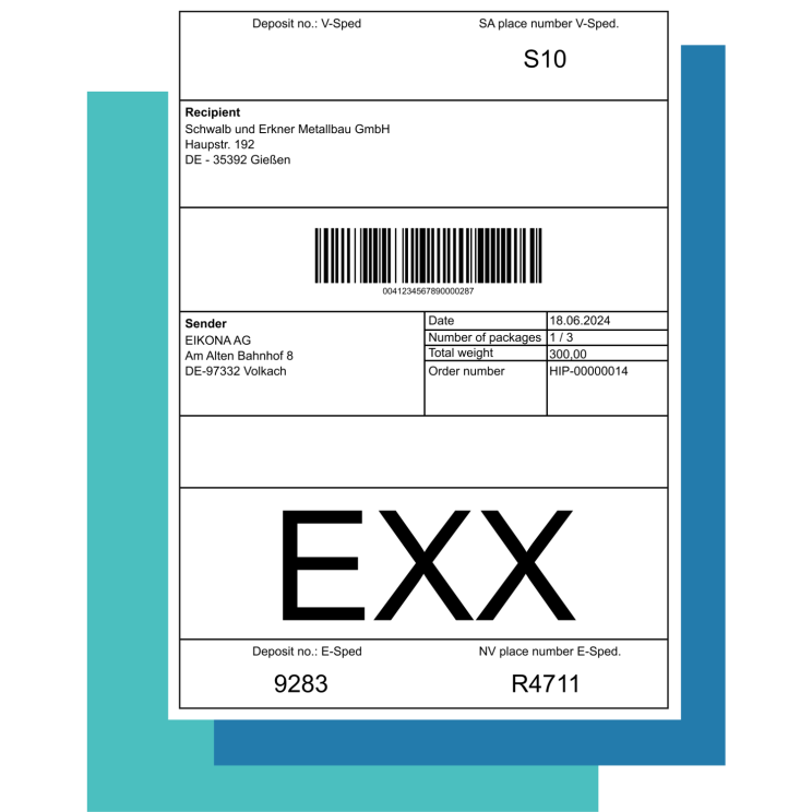 Shipping label of a consignment on two blue rectangles.