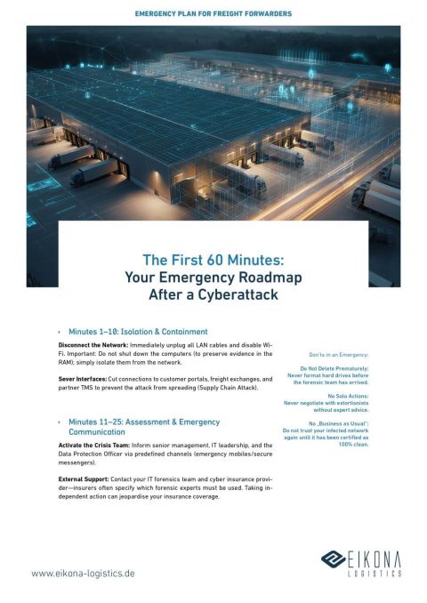 A logistics facility showcases an emergency action plan for responding to cyberattacks, emphasizing quick isolation and containment.