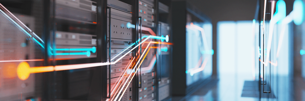 Ein Raum mit Servergeräten auf der linken Seite durch den bunten Streifen gezogen sind.