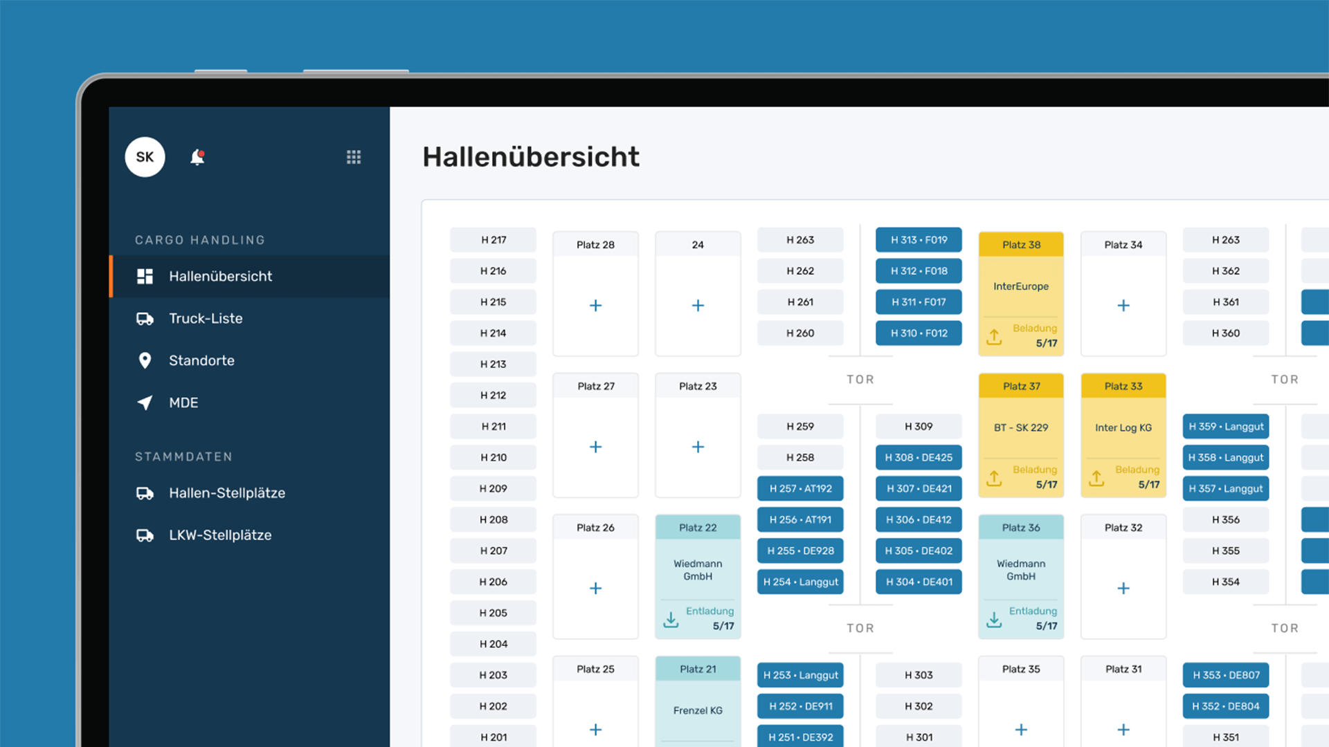 Screenshot der EIKONA Cargo Handling Software, auf dem eine Hallenübersicht mit Timeslots zu sehen ist.