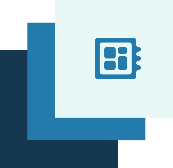 Kanban: eine agile Projektmanagement-Methode. Drei verschieden blaue Quadrate, auf dem obersten ein Icon für Kanban.