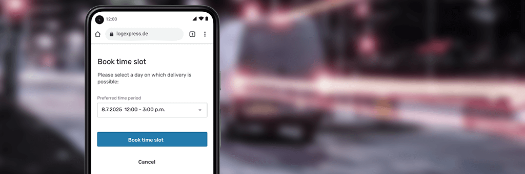 Smartphone with open booking page for a delivery time slot on 8 July 2025, blurred street background.