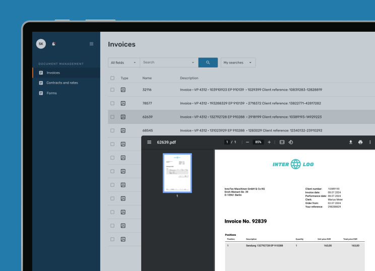 A screenshot of the EIKONA document management software shows the overview of invoices. A document is open at the bottom right-hand edge.