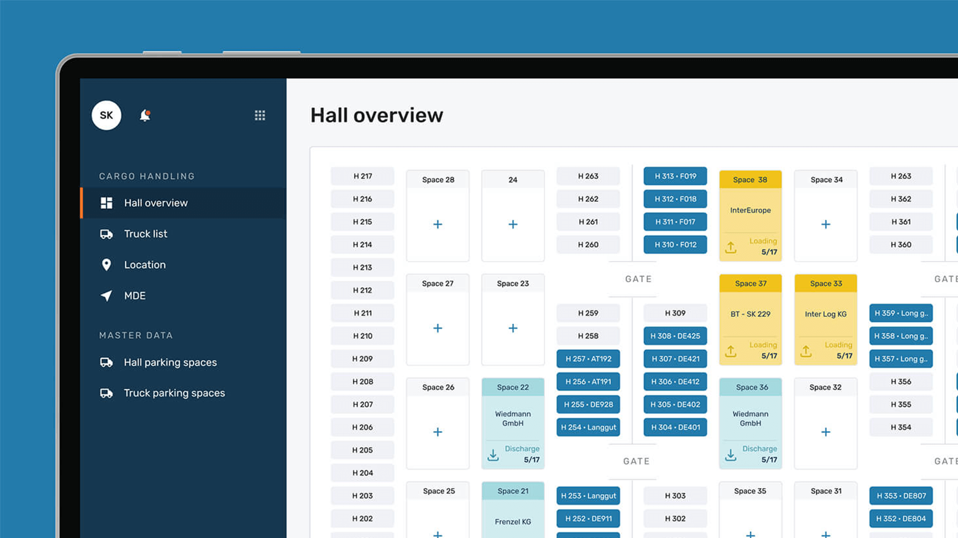 Screenshot of the English EIKONA Cargo Handling Software, showing a hall overview with timeslots.