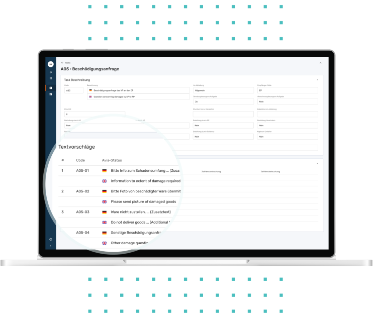 Beschädigungsanfrage auf einem Bildschirm umrahmt von hellblauen Punkten.