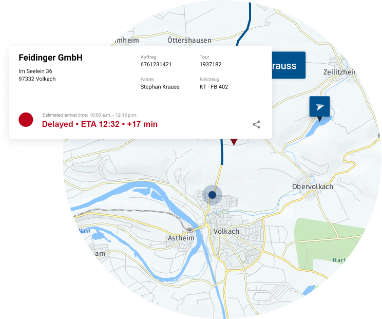A map shows a vehicle's delayed route to Volkach, with an updated ETA of 12:32 at the destination address.