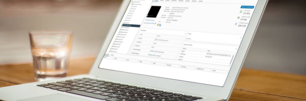Laptop auf Schreibtisch welcher für Nutzung von vSphere zum Cloud-Computing steht