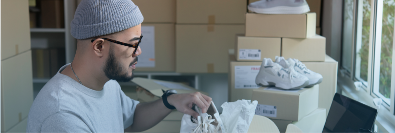 Supply chain management deals with the management and optimisation of your supply chain (BWL-Lexikon, n.d.) A man takes shoes out of a shoe box.