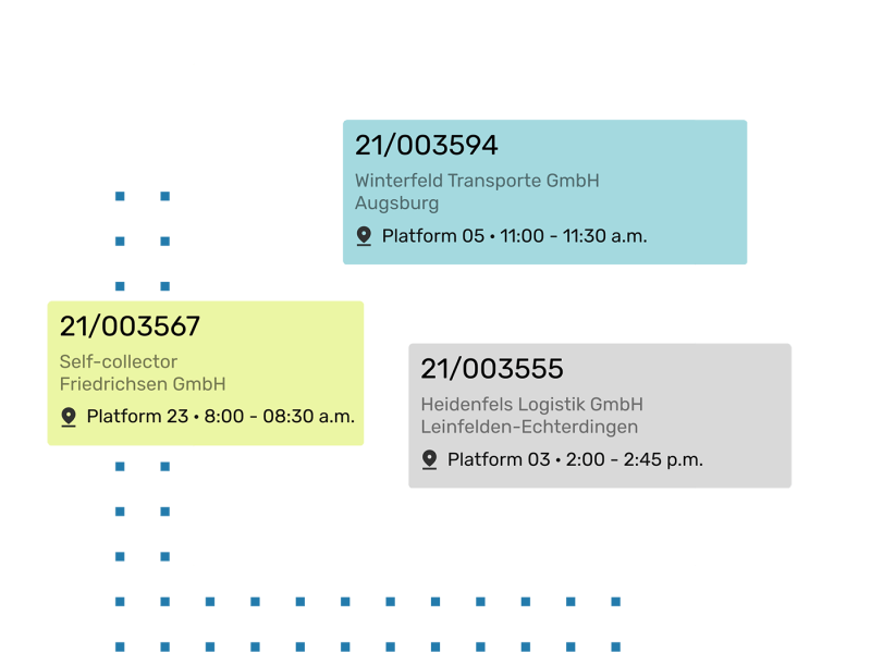 Three time windows of different deliveries, shown with blue, green and grey rectangles.