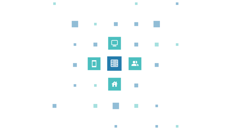 Symbolbild für Vernetzung mit Icons zu Mobil, Desktop, Mensch und Haus.
