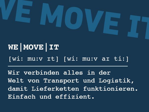 Schriftzug 'We Move It' in großer Schrift und eine kurze Beschreibung unserer Logistikdienstleistungen.
