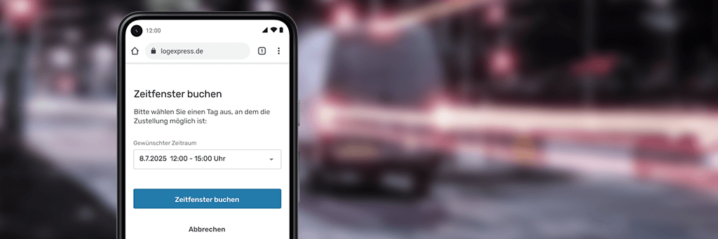 Smartphone mit geöffneter Buchungsseite für ein Lieferzeitfenster am 8.7.2025, unscharfer Straßenhintergrund.