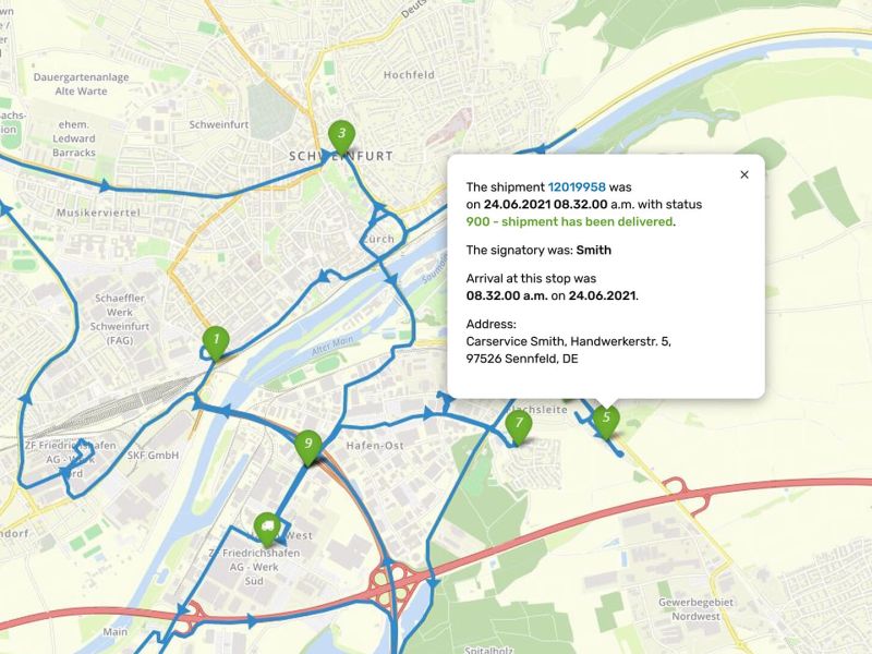 A map of the city of Schweinfurt with a pop-up window containing data on the current programme in English.