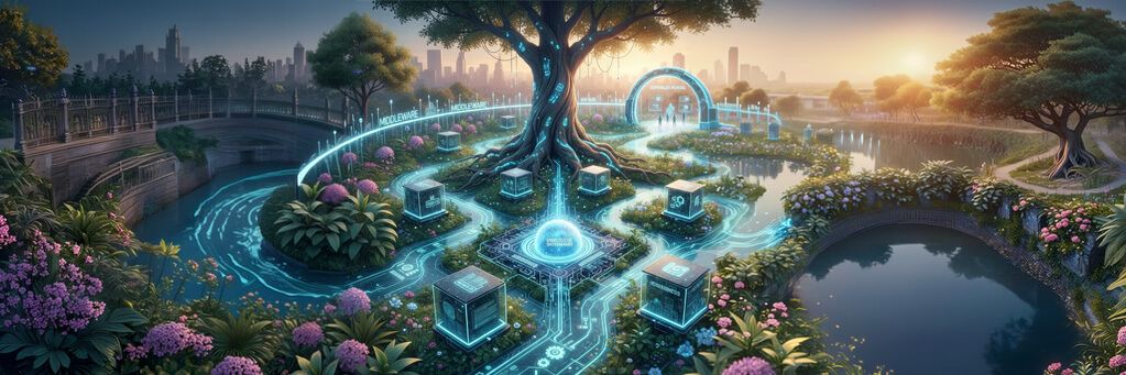 A tranquil landscape features a glowing tree at sunset, surrounded by digital elements and vibrant flowers near a serene pond.