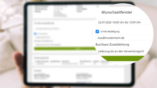 Auf dem Bild ist ein Tablet sichtbar, auf dem eine App läuft, mit der man Zeitfenster buchen kann.