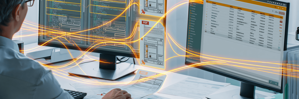 Ein Mitarbeiter nutzt zwei Monitore für effizientes KI-gestütztes Dokumentenmanagement am Schreibtisch.