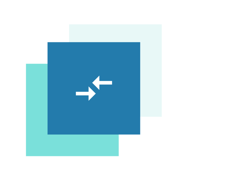 Two white arrows pointing in the opposite direction on three different blue squares on top of each other.