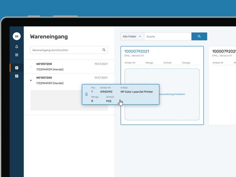Ein Bildschirm zeigt den Wareneingang in der Software EIKONA Warehouse Management.