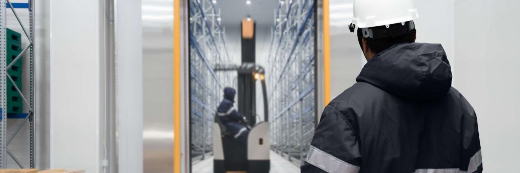 Intralogistiker fährt mit logistischer Hardware durch das Lager