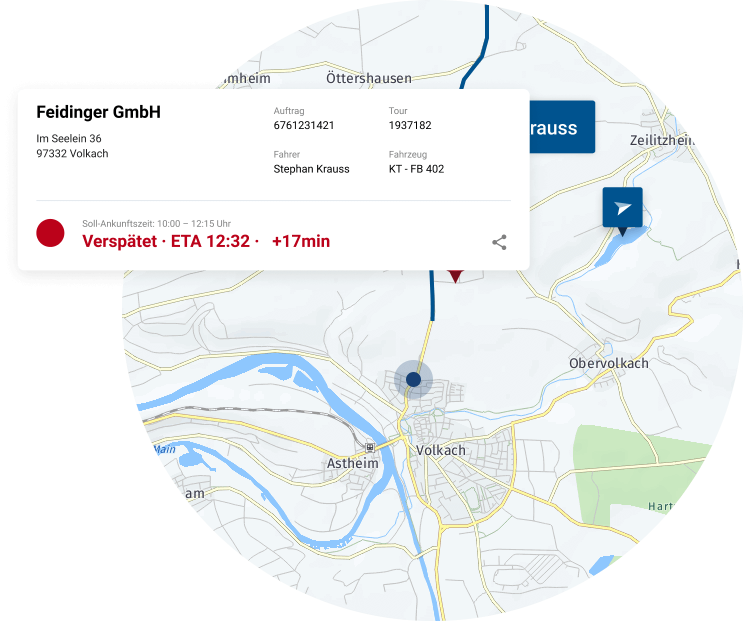 Eine Karte zeigt die verspätete Ankunft eines Fahrzeugs der an der Zieladresse