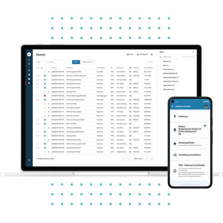 Screenshot der EIKONA Freight Managment Software auf dem Desktop mit einer Übersicht der aktuellen Touren. Danebene ein Mobiltelefon, auf welchem eine aktuelle Lieferung abgebildet ist.