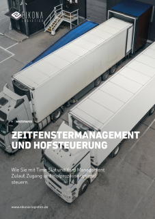 EIKONA Time Slot Management und EIKONA Yard Management: Perfektes Zeitmanagement auf Ihrem Yard. "Zeitfenstermanagement und Hofsteuerung" ist auf dem Titelbild eines Whitepapers zu sehen.