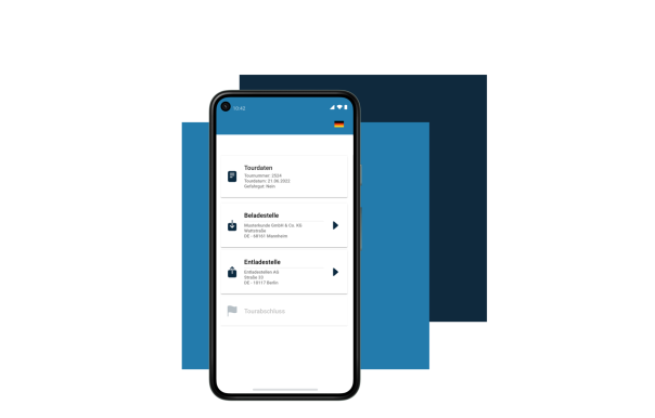 Ein Mobiltelefon auf dem die Software EIKONA Freight Management zu sehen ist. Dahinter zwei Rechtecke in hell- und dunkelblau.