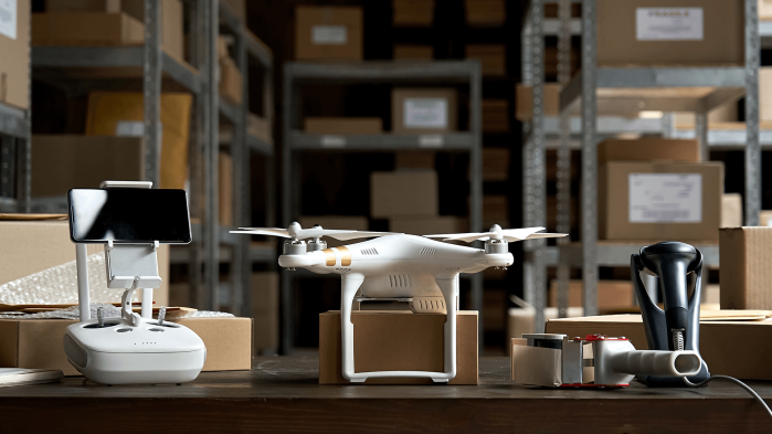 In a logistics warehouse, a delivery drone with a controller is lying on a table next to a scanner.