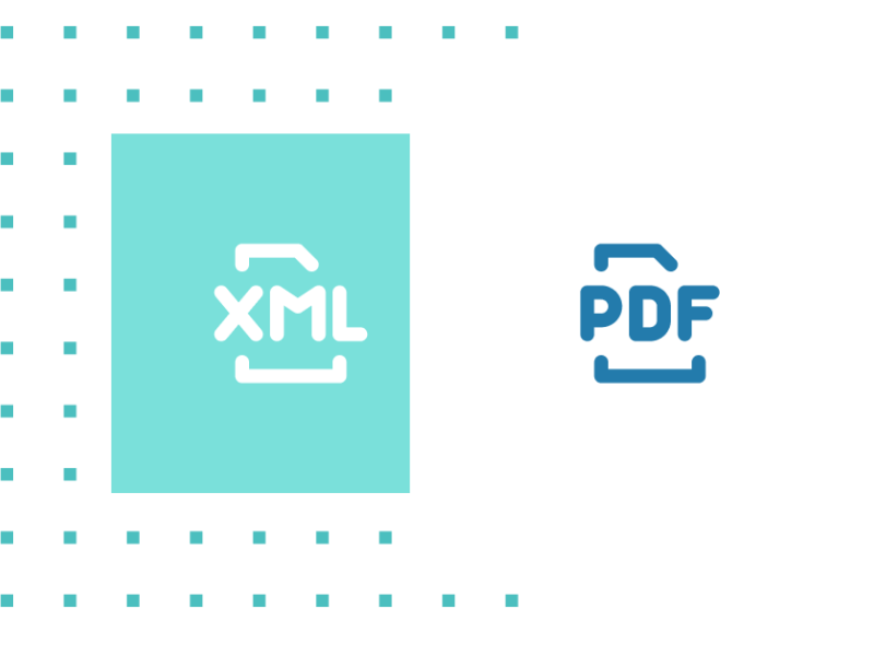 Zwei Rechtecke bei denen das linke blau ist mit weißem Icon für XML-Format, das rechte ist weiß mit dunkelblauem Icon für PDF-Format.