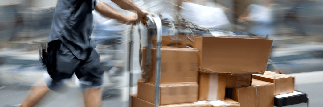 Delivery person with parcel trolley which should stand for multi-channel logistics