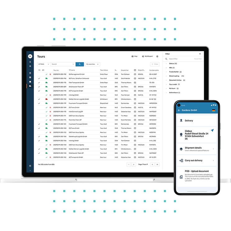 Screenshot of the English EIKONA Freight Management software on the desktop with an overview of the current tours. On the right, a mobile phone showing a current delivery.