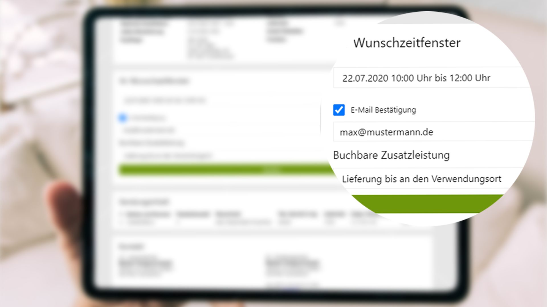 The picture shows a tablet running an app that can be used to book time slots.