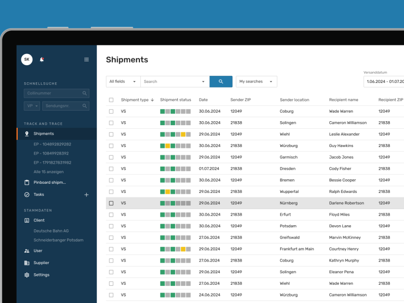 The background of the image is light blue. On it is a screen showing the English consignment overview in the EIKONA Track and Trace software.