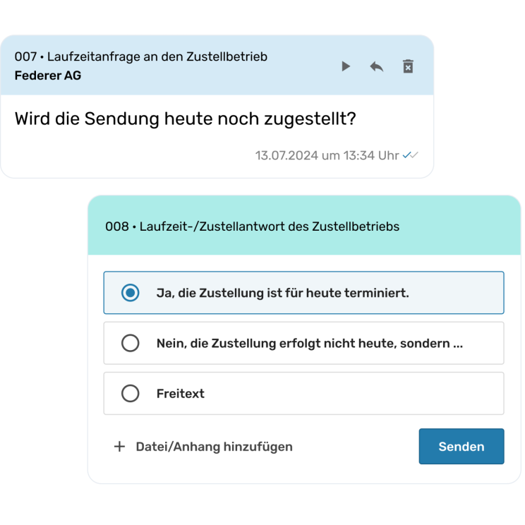 Der Screenshot einer Laufzeitanfrage via Chat an einen Zustellbetrieb.