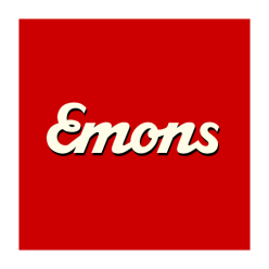 Das Emons-Logo in eleganter Schrift auf rotem Hintergrund steht für ein markantes Branding. | © Emons