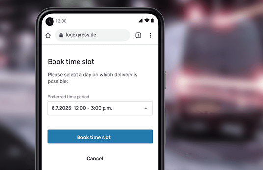 Smartphone with open booking page for a delivery time slot on 8 July 2025, blurred street background.