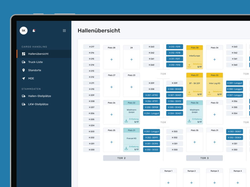 Auf hellblauem Hintergrund ein Bildschirm. Darauf ist die Hallenübersicht zu sehen.