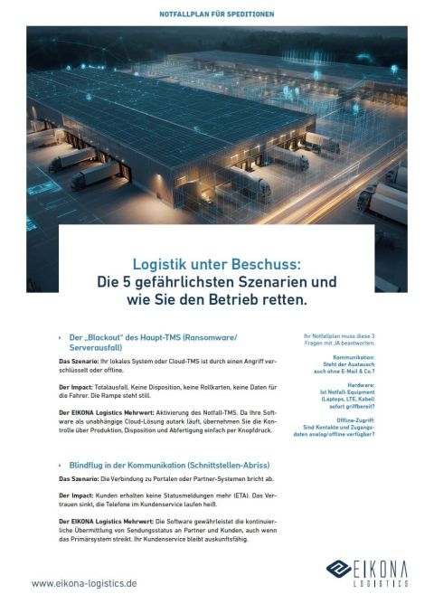 Das Bild zeigt einen modernen Logistikstandort mit Lkw und digitaler Infrastruktur, die Bedrohungsszenarien verdeutlicht.