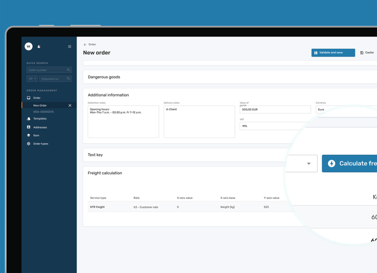English screenshot of EIKONA Order Management, in which a new order is created.