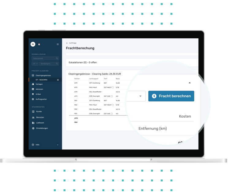 Ein Laptop, auf dem die Anwendung des Moduls EIKONA Freight Clearing geöffnet ist.