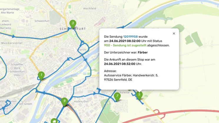 Eine Karte der Stadt Schweinfurt mit Popup-Fenster, auf dem Daten zur aktuellen Sendung stehen.