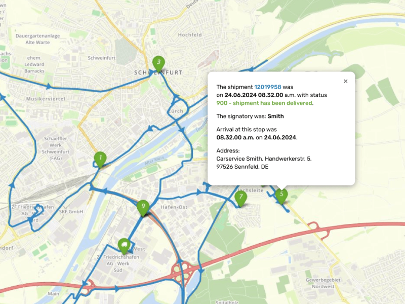 Eine Karte der Stadt Schweinfurt mit Popup-Fenster, auf dem in Englisch Daten zur aktuellen Sendung stehen.