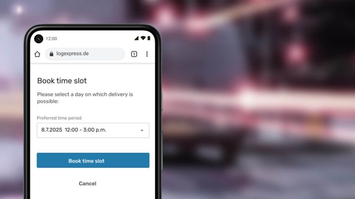 Smartphone with open booking page for a delivery time slot on 8 July 2025, blurred street background.
