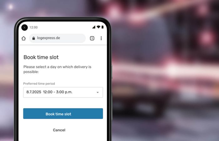 Smartphone with open booking page for a delivery time slot on 8 July 2025, blurred street background.