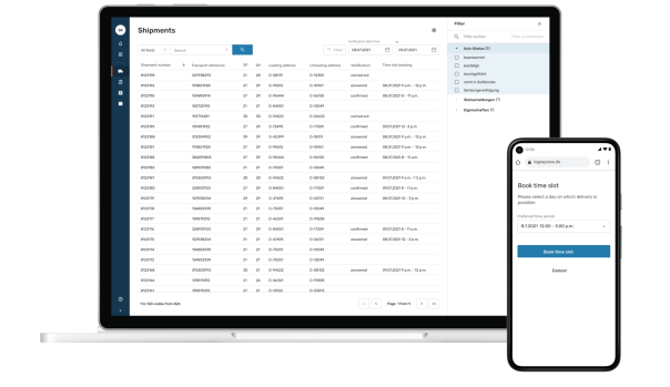 Laptop with open shipment list next to which a smartphone with time slot booking can be seen